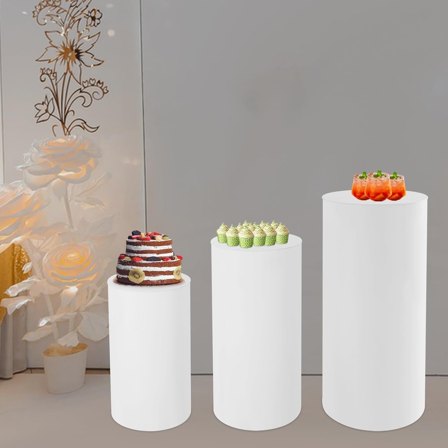 3PCS White Cylinder Pedestal Stands for Wedding Decor