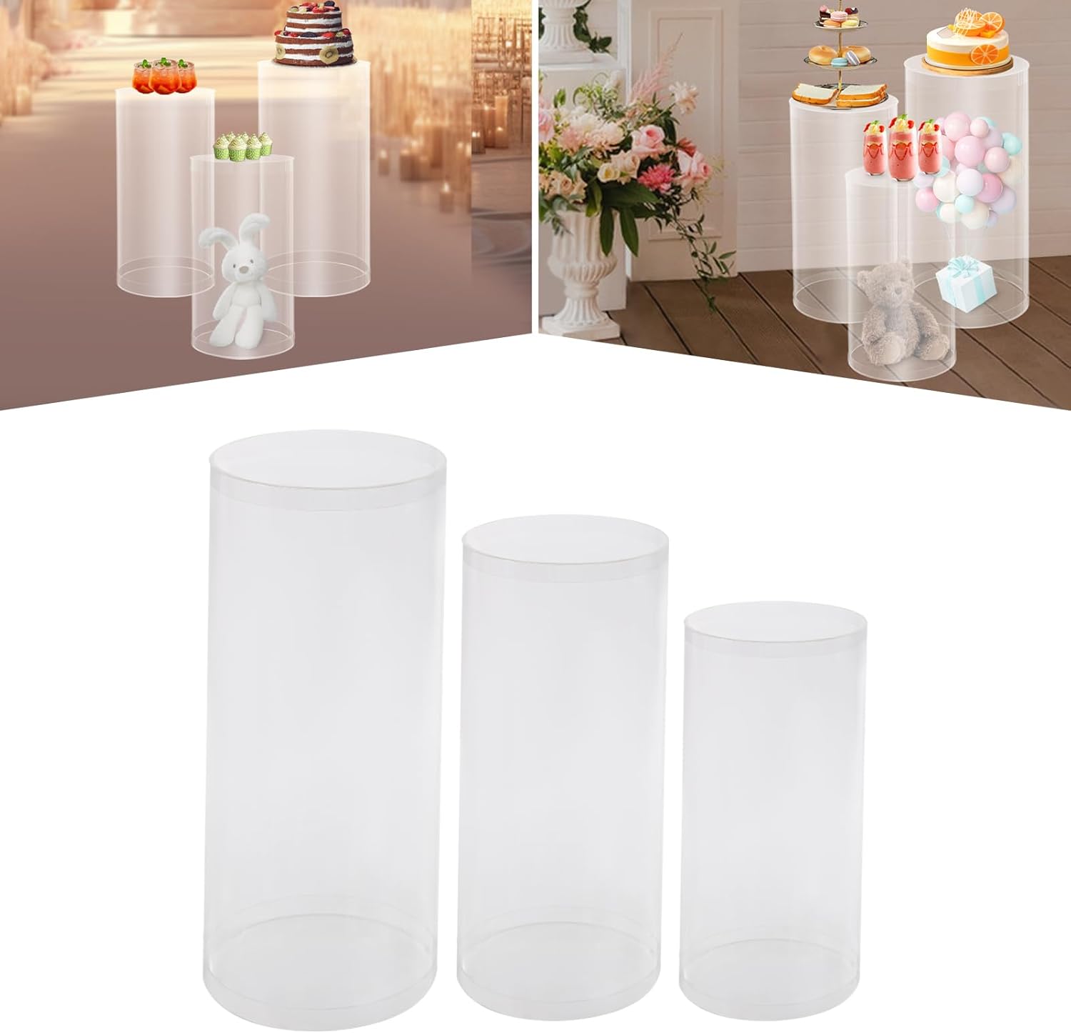 3Pcs Clear Cylinder Pedestal Stands for Party Wedding Decor