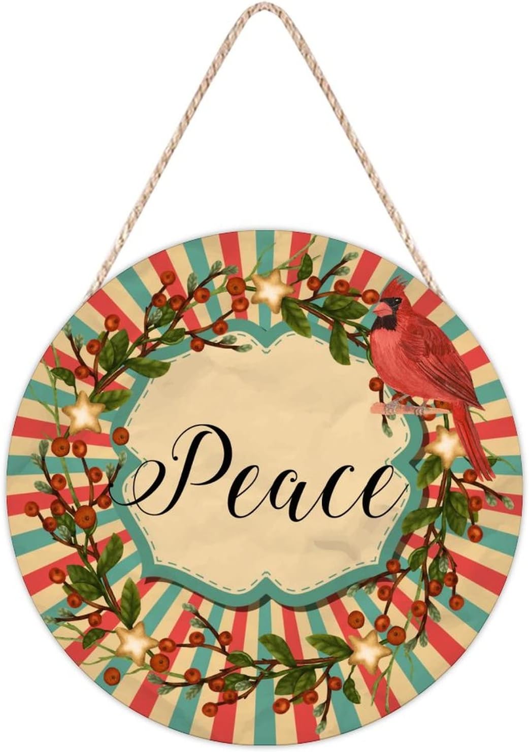 Farmhouse Door Hanger Red Birds Holly Christmas Peace Wood Sign 10x10in