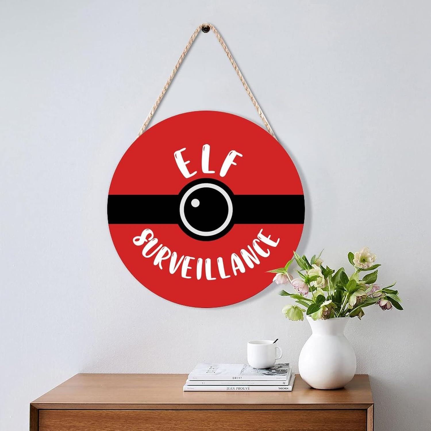 Farmhouse Front Door Hanger Red Funny Elf Surveillance Wood Sign