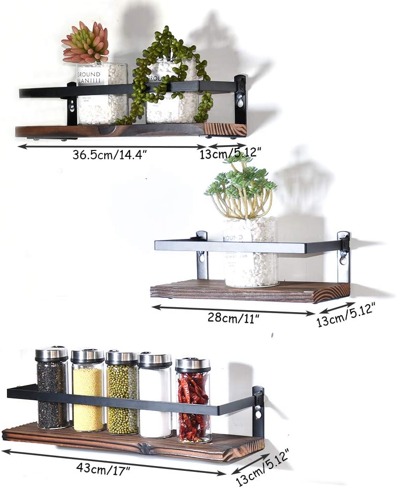 PHUNAYA Floating Shelves Rustic Wood Metal Design Set of 3 Brown