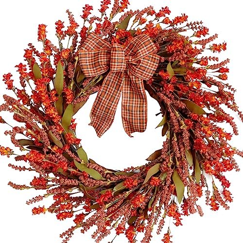 TEMPUS 20 Inch Autumn Red Salvia Wreath Artificial Fall Decor