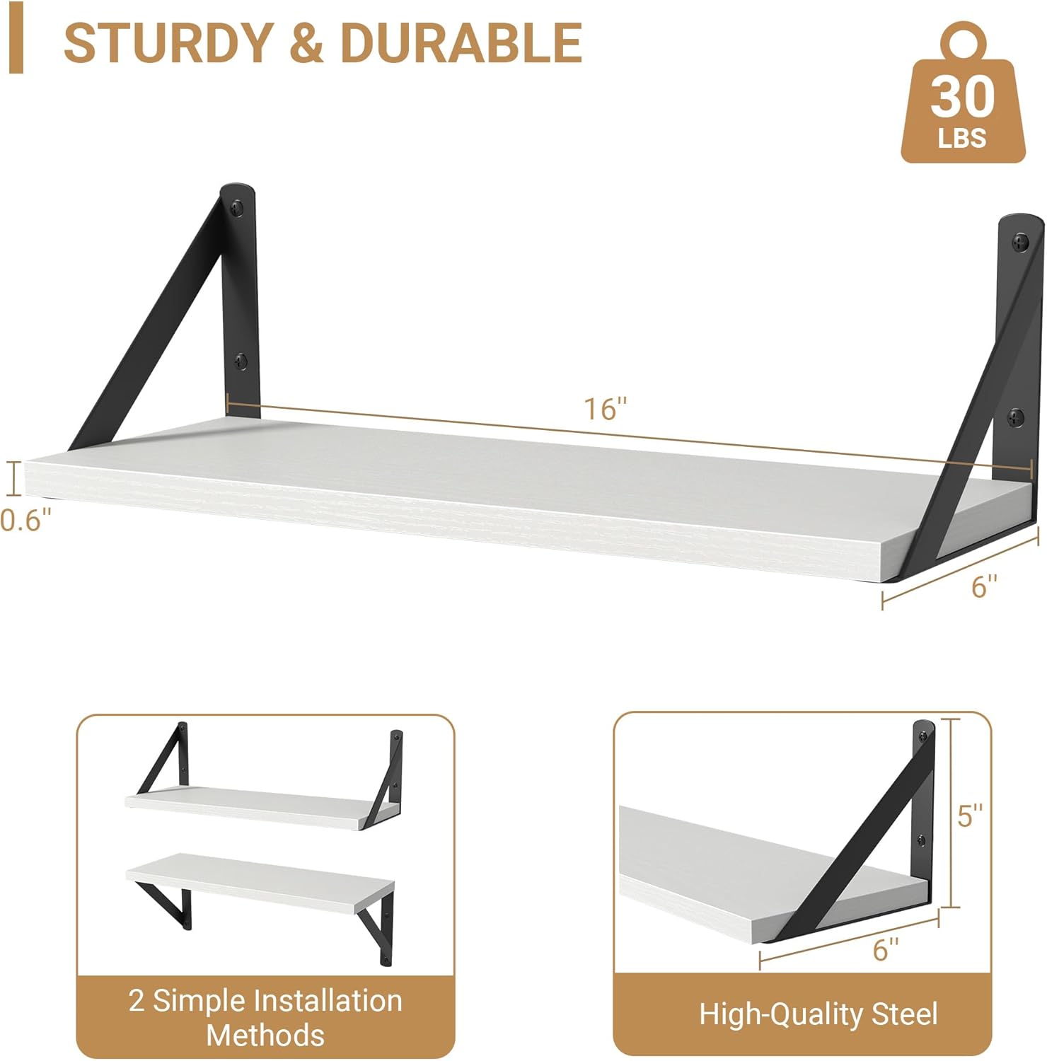 Heimlove Floating Shelves Set of 3 16 Inch White Wood Wall Mount