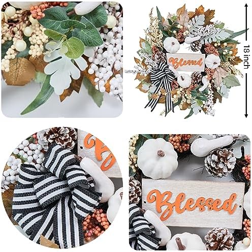 Vofuly Fall Wreath with White Pumpkin and Ribbon Bow