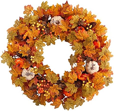 Nearly Natural 30in Autumn Pumpkin Maple Leaf Wreath