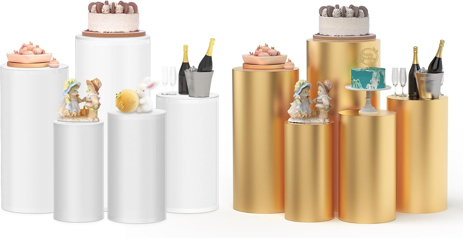 Set of 5 Frosted Acrylic Pedestal Stands with Gold Covers