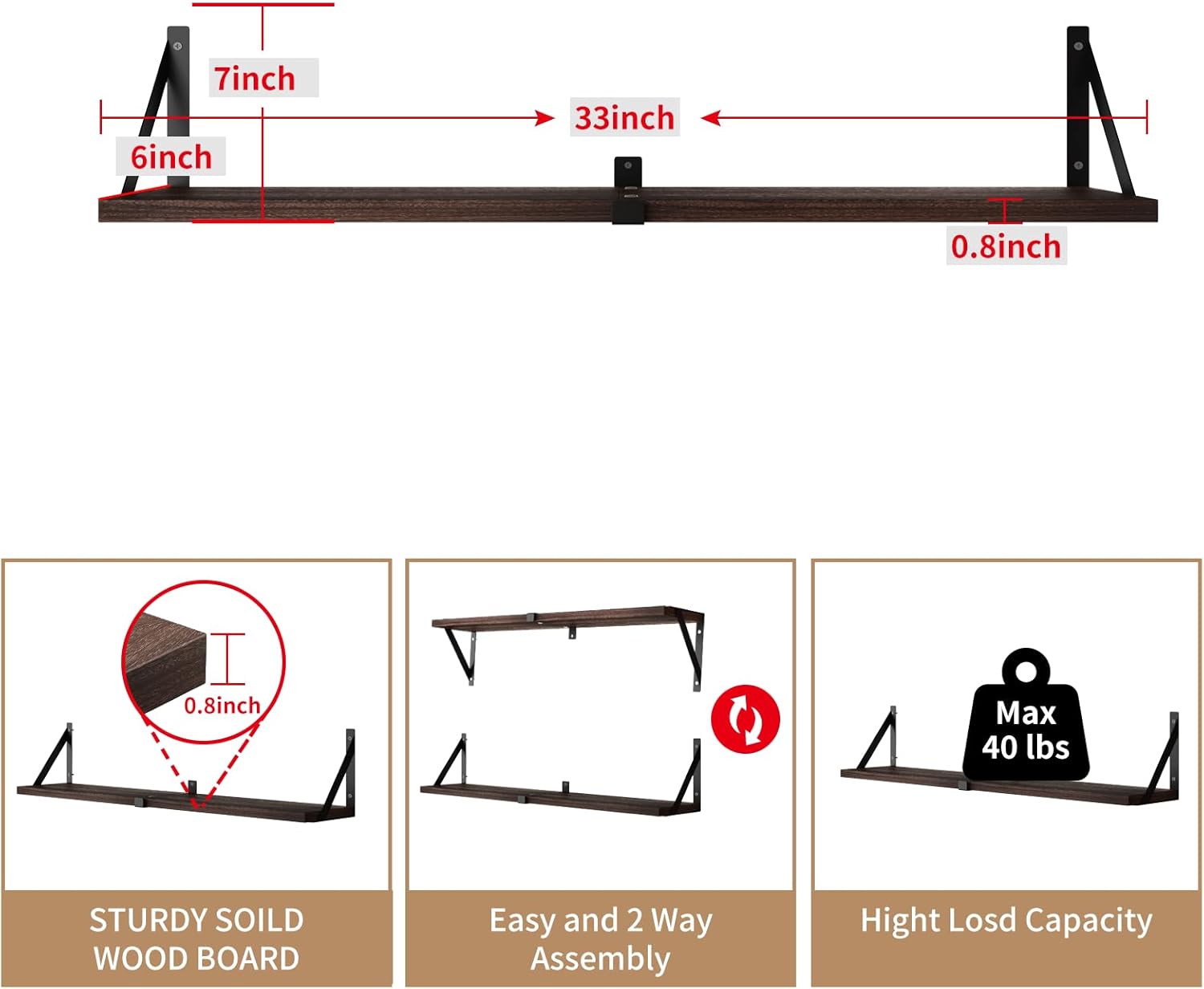 Floating Bookshelf Set of 3 Dark Brown 33 Inch