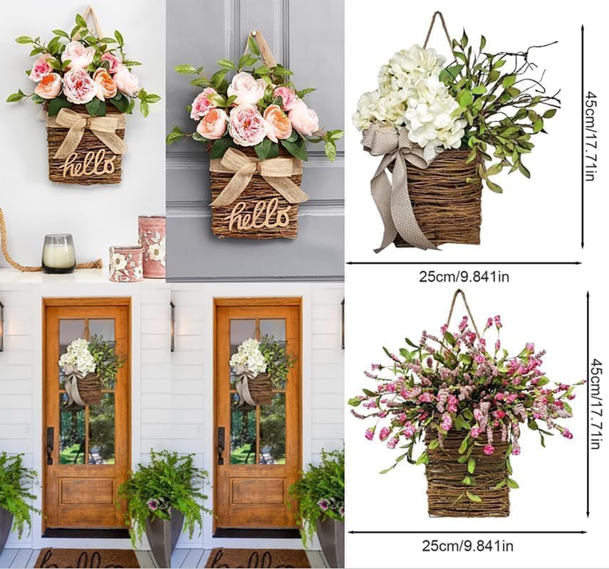 2025 Cream Hydrangea Door Wreath with Rattan Basket