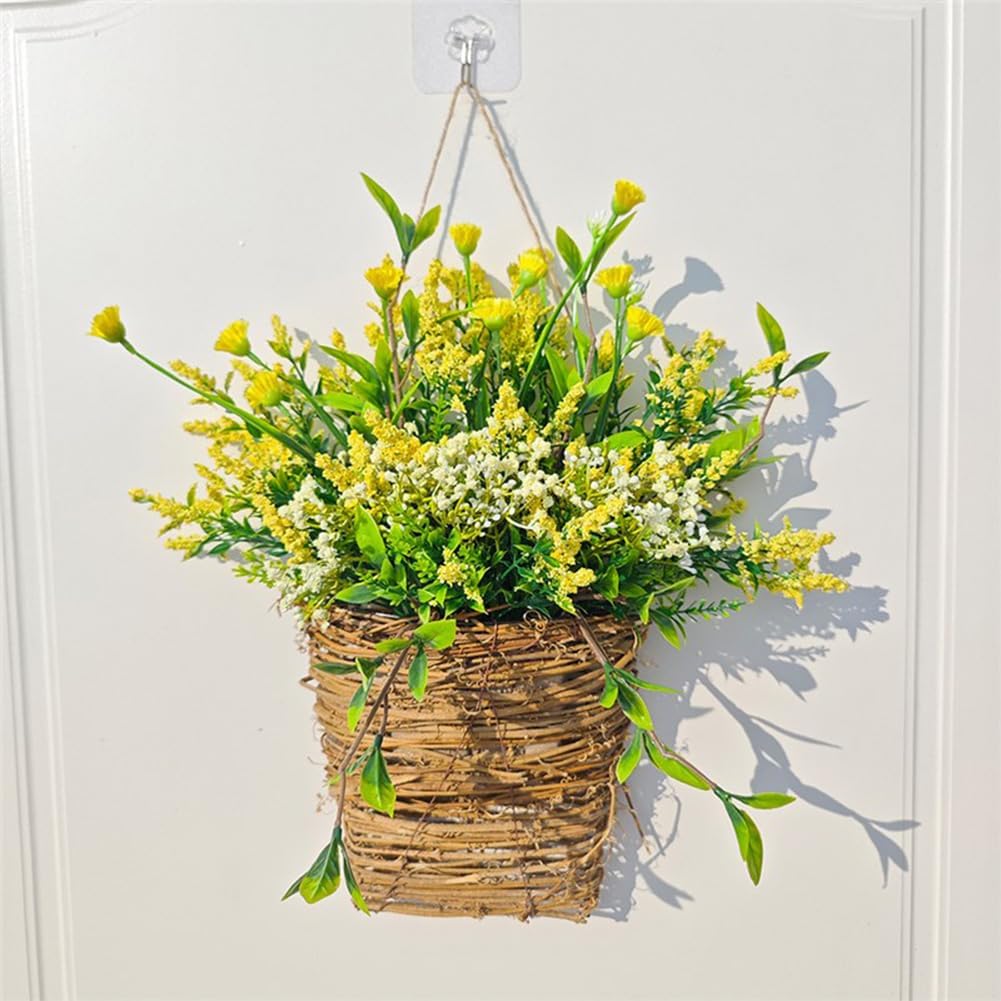 2025 Upgraded Cream Hydrangea Door Wreath 1PC Yellow Artificial Rattan Hanging Basket
