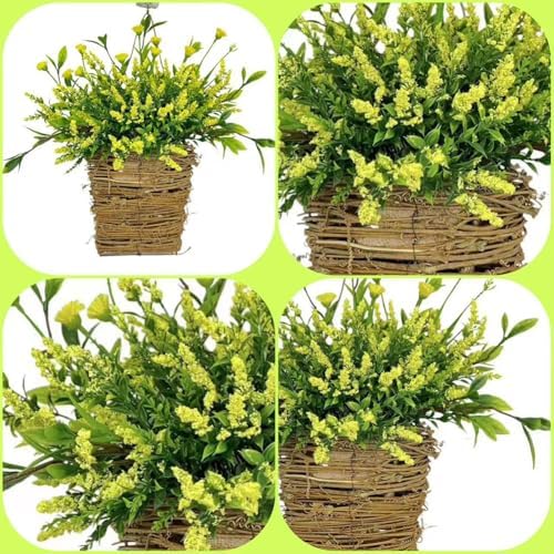 2025 Upgraded Cream Hydrangea Door Wreath 1PC Yellow Artificial Rattan Hanging Basket