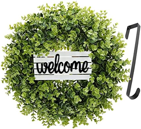 Artificial Boxwood Wreath with Welcome Sign and Hanger