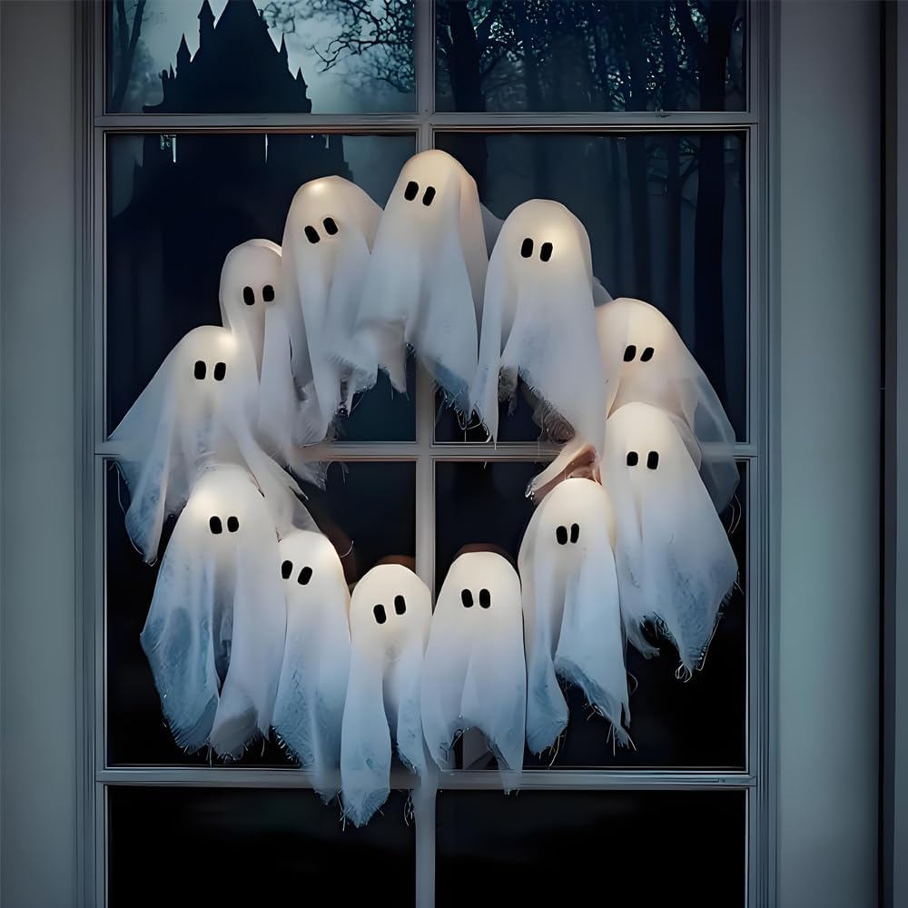 Treayes Handmade Ghost Garland LED Light Wreath