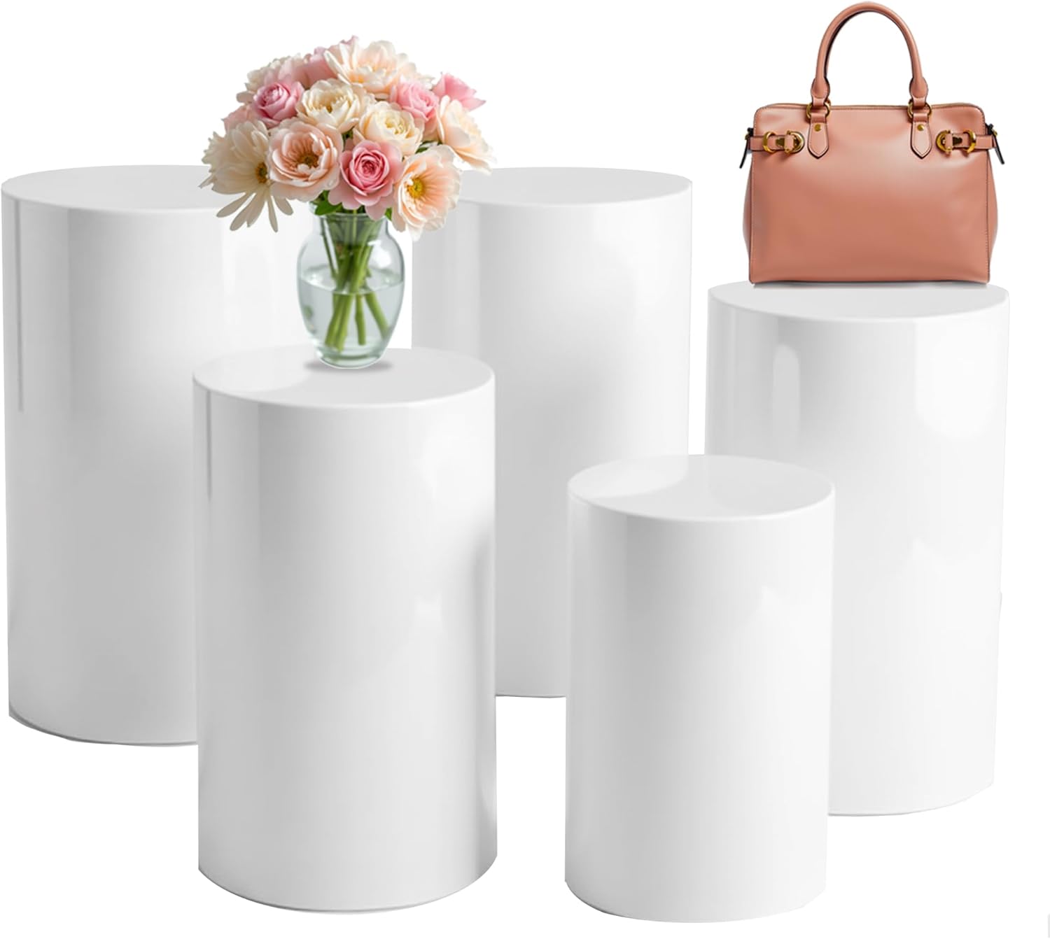 Cylinder Stands for Party - 5 Pcs White PVC Display Pedestal Stand