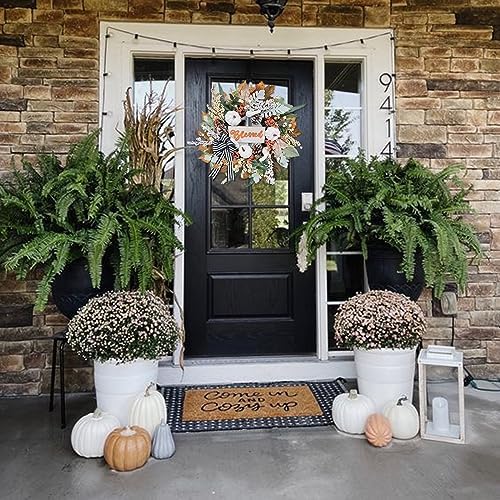 Vofuly Fall Wreath with White Pumpkin and Ribbon Bow