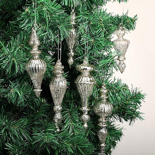 6 Pcs Silver Crystal Glass Christmas Finials Hanging Decorations