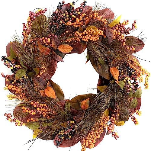 TEMPUS 20 Inch Thanksgiving Wreath with Magnolia Leaves and Pine Cones