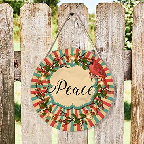 Farmhouse Door Hanger Red Birds Holly Christmas Peace Wood Sign 10x10in