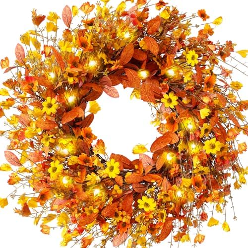 Fall Wreath for Front Door with LED Light Timer