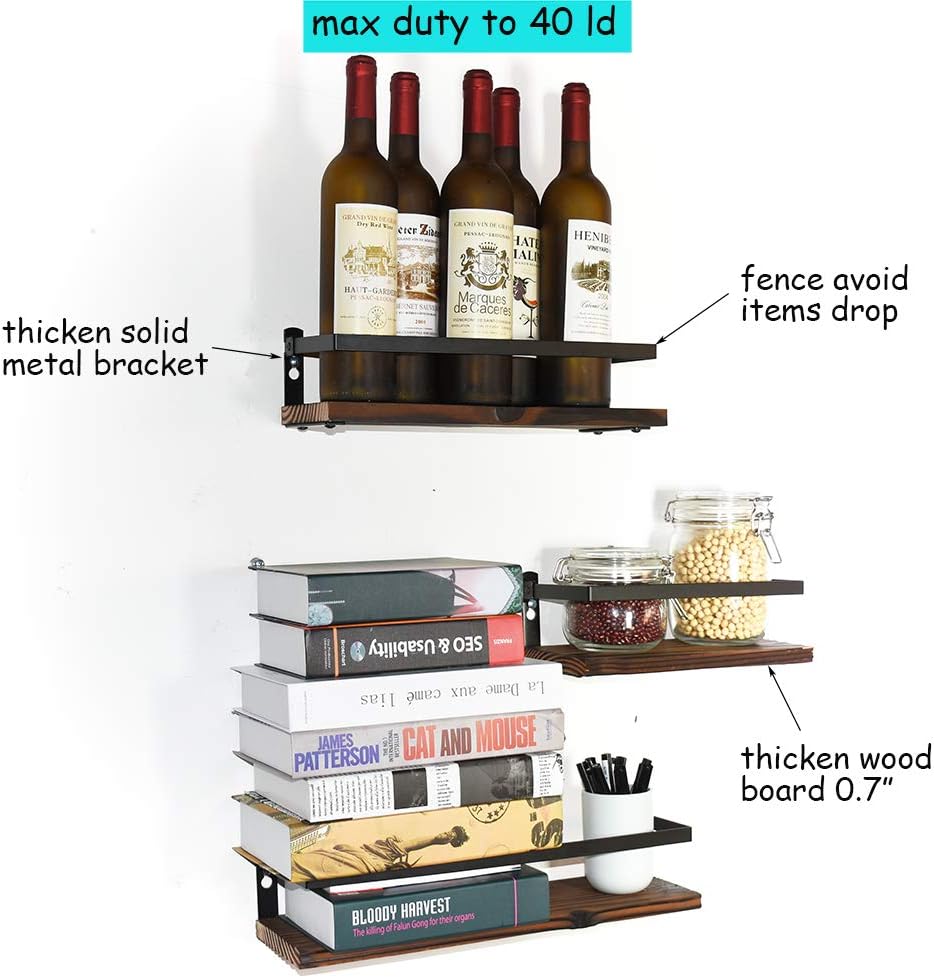 PHUNAYA Floating Shelves Rustic Wood Metal Design Set of 3 Brown