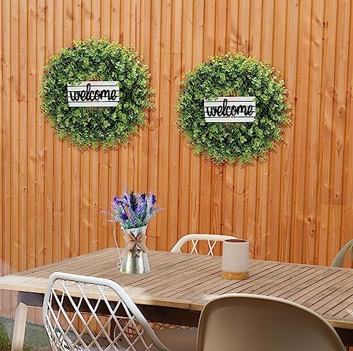 Artificial Boxwood Wreath with Welcome Sign and Hanger