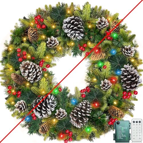 30 Inch Thick Pre-Lit Christmas Wreath with 70 Lights and Remote Control