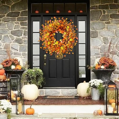 Fall Wreath for Front Door with LED Light Timer
