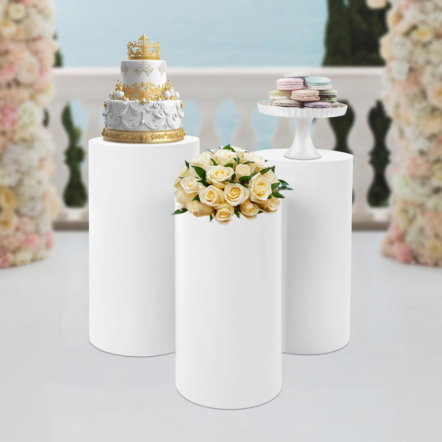 Elegant White Cylinder Pedestal Stand for Events