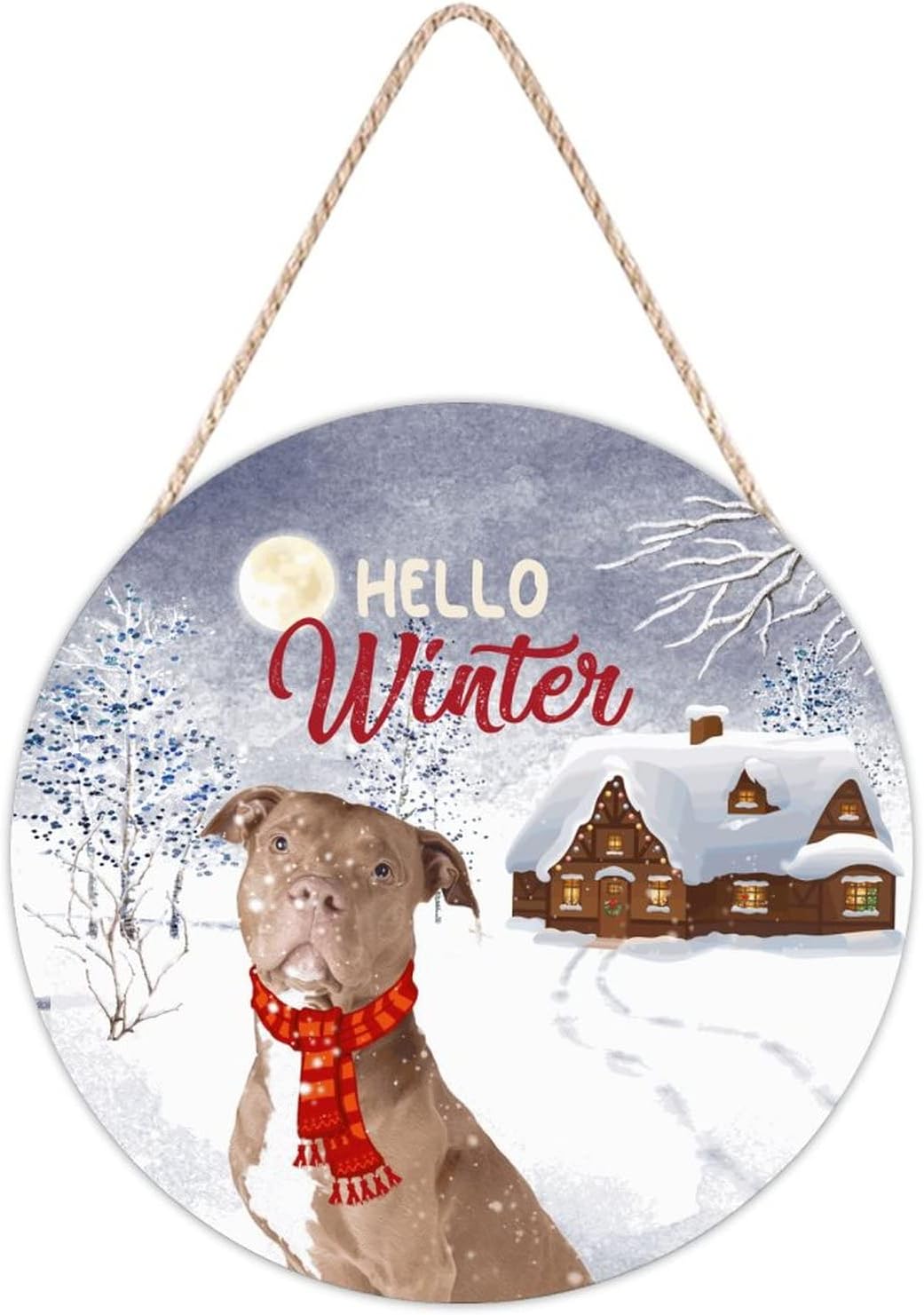 Farmhouse Front Door Hanger Hello Winter Christmas Dog Wearing Scarf Wood Sign