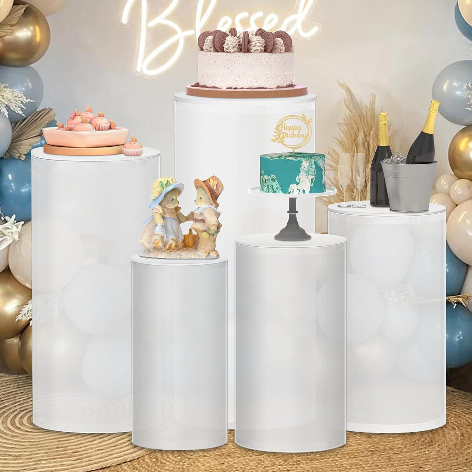 Set of 5 Frosted Acrylic Pedestal Stands with Gold Covers