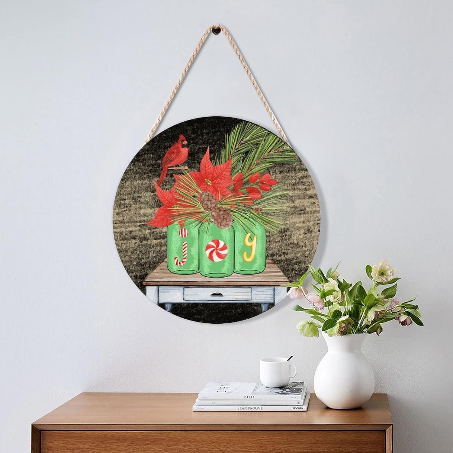Farmhouse Door Hanger Christmas Red Bird Flower Joy Wood Sign 12x12in