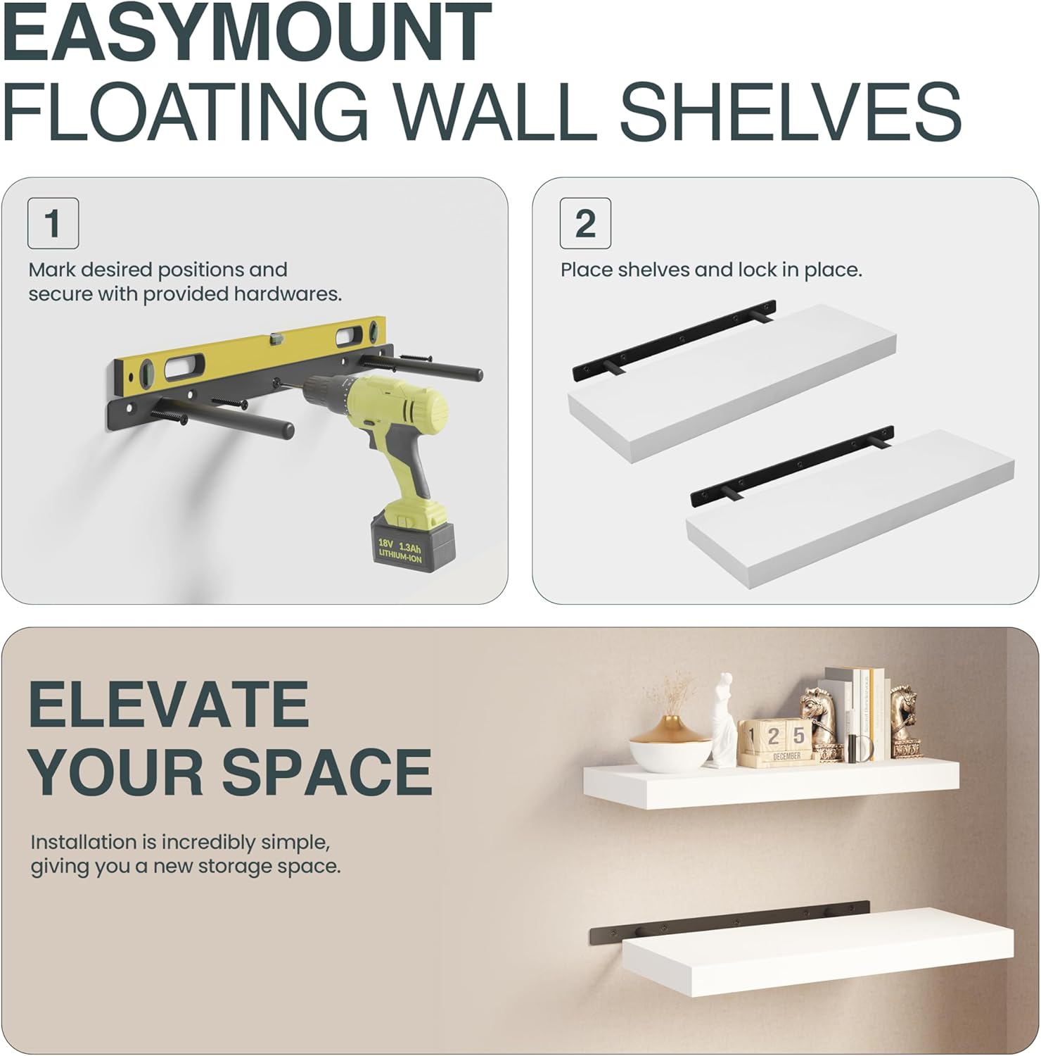 BATODA Set of 2 17 Inch White Floating Shelves Wall Mounted