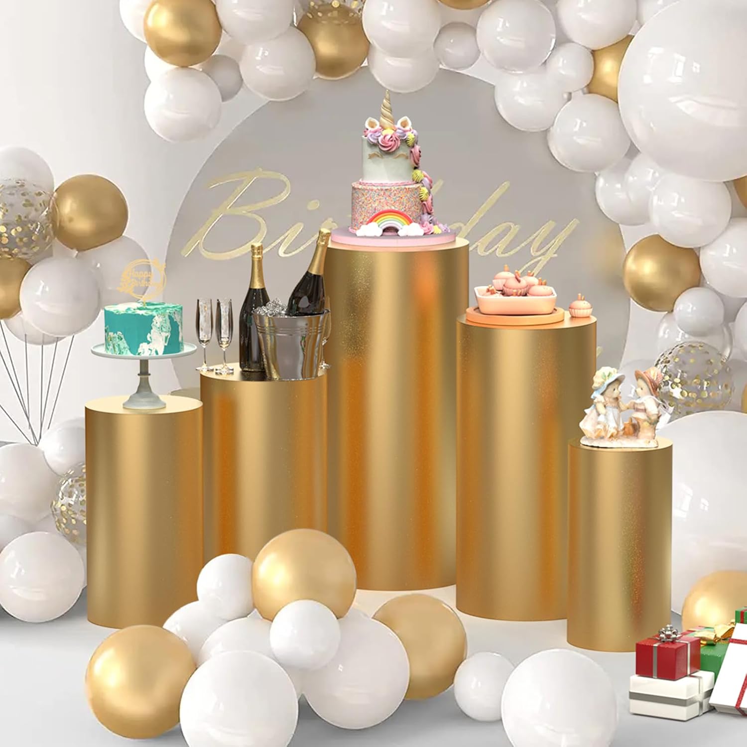 Set of 5 Frosted Acrylic Pedestal Stands with Gold Covers