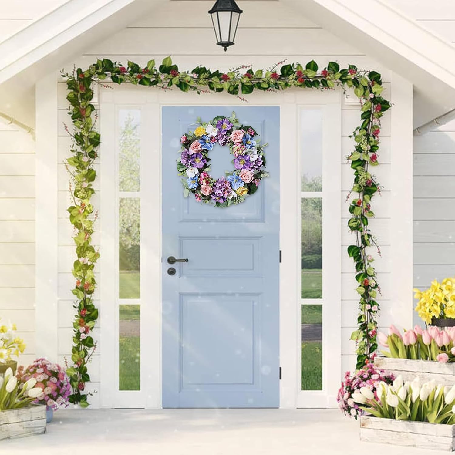 24 Inch Spring Summer Door Wreath with Purple Hydrangea and Pink Roses