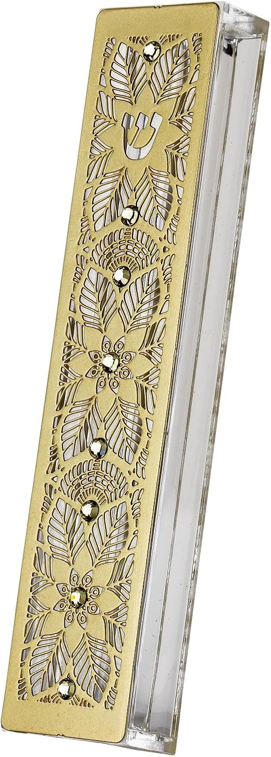 Gold Plated Mezuzah Case with Large Lace Flowers