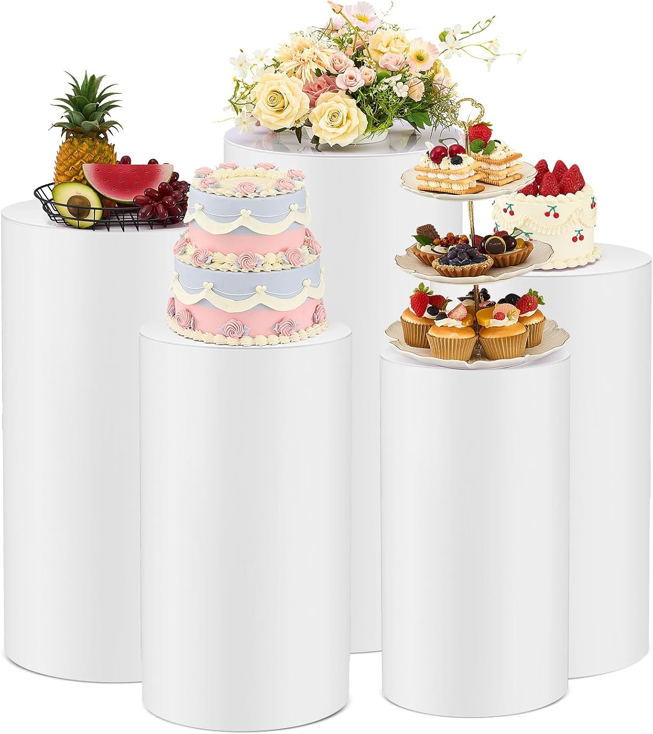 5 Pcs Cylinder Stands for Party - White Cake Pedestal Displays
