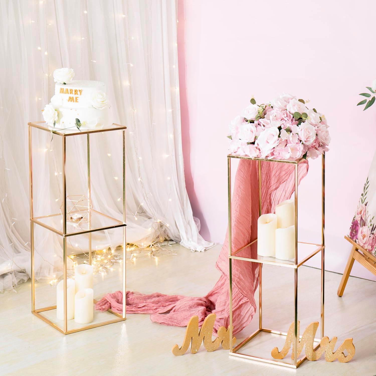 LANLONG Gold Pedestal Stand with Acrylic Panels 2Pcs