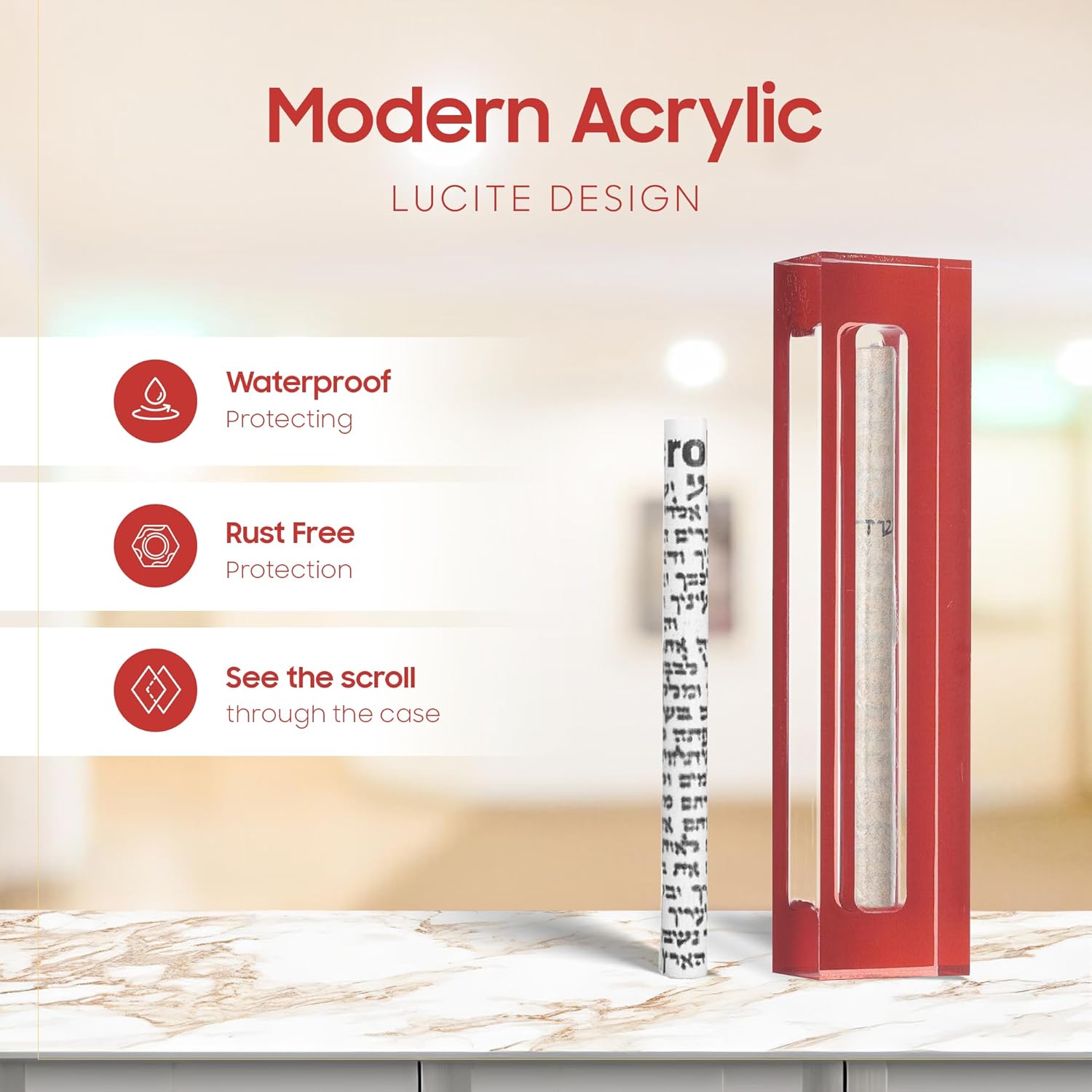 Modern Acrylic Mezuzah Case for Door - Red 6 Inch