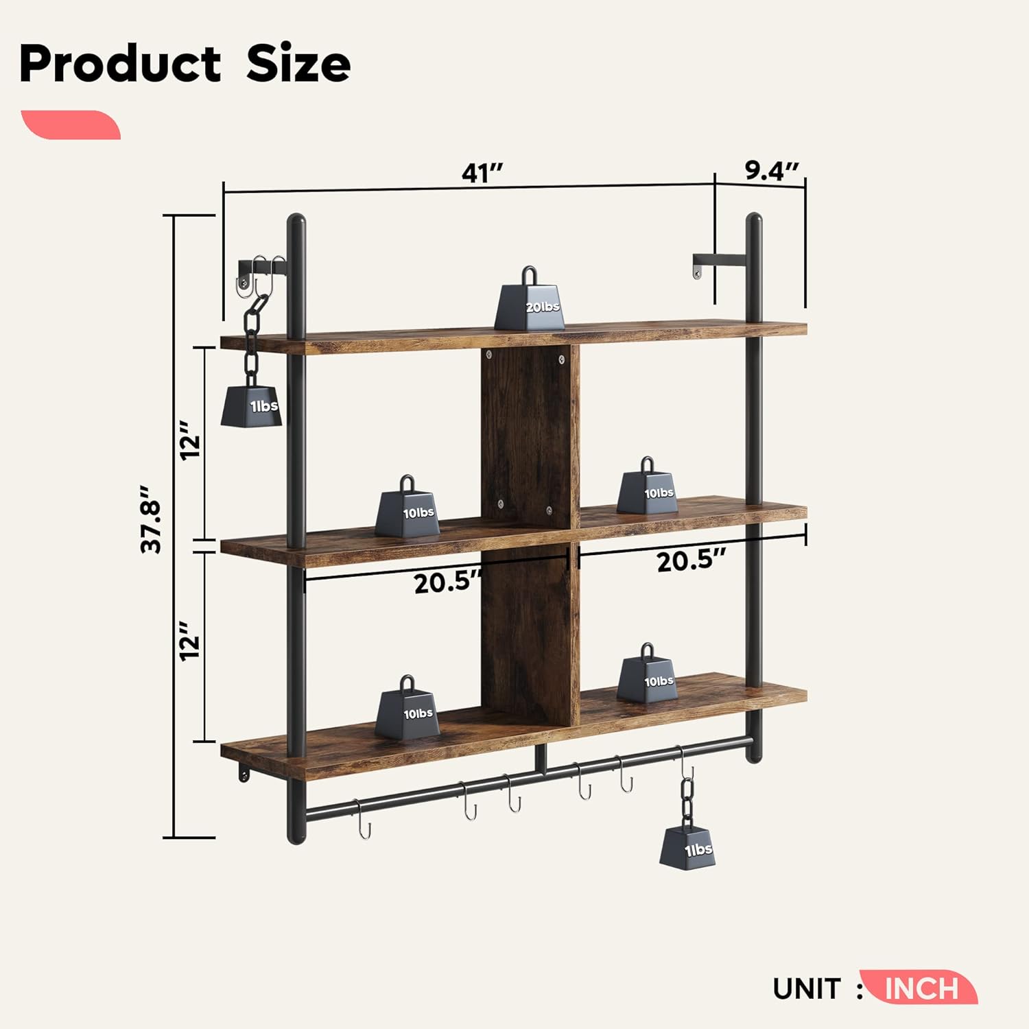 Bestier 3 Tier Floating Pipe Shelf Rustic Brown 415