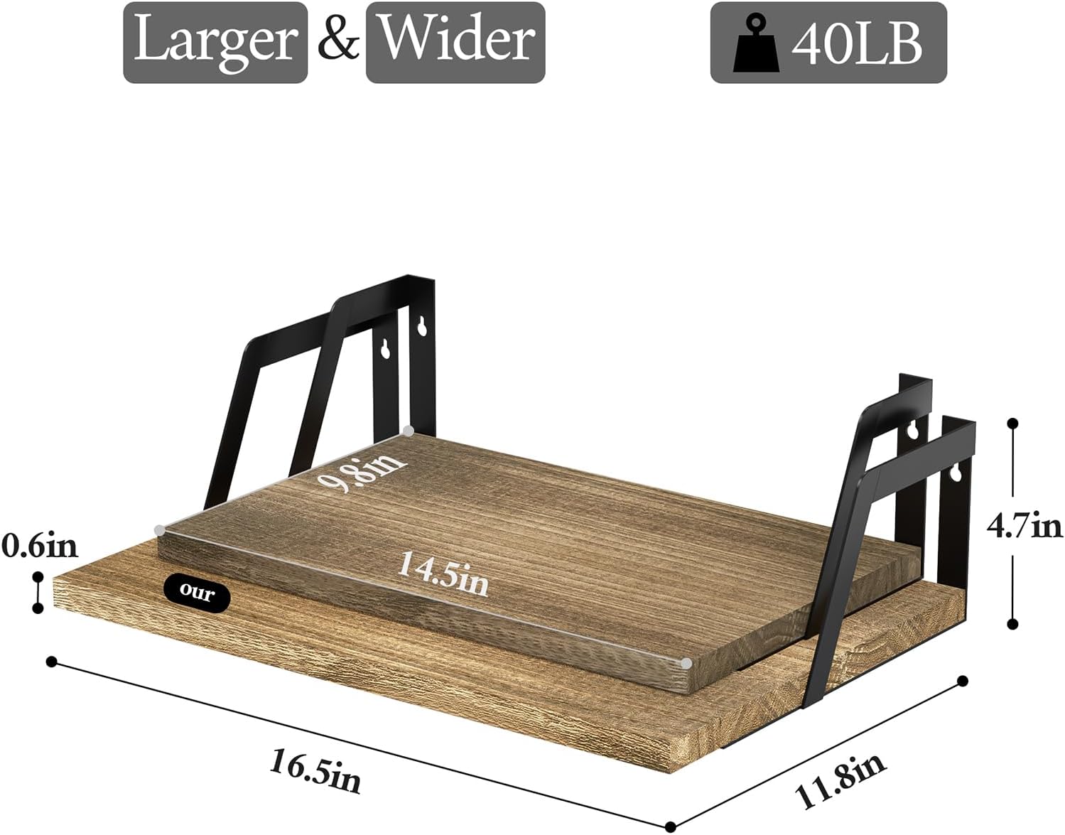 SRIWATANA Floating Shelves Wall Mounted Set of 2 Rustic Wood Carbonized Black