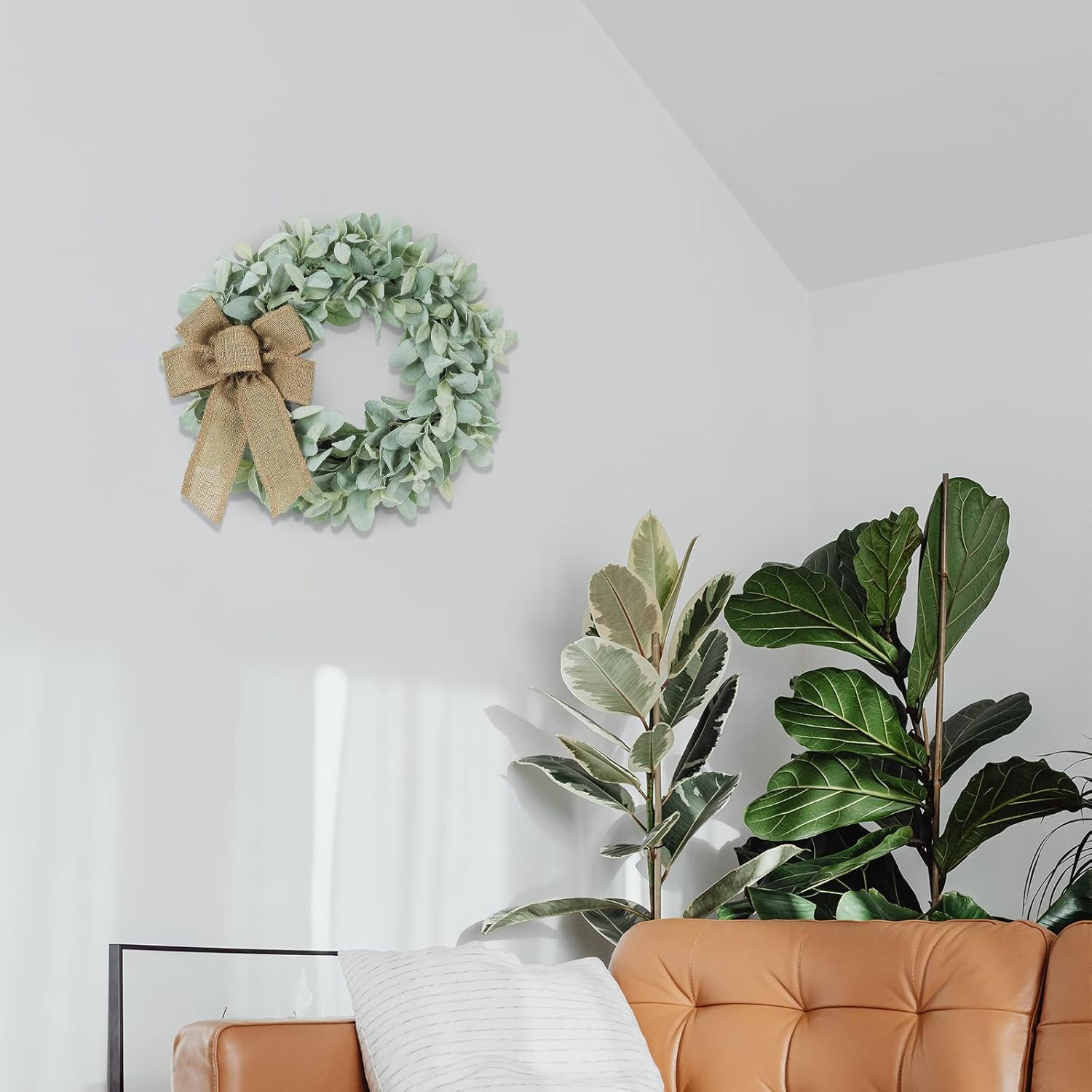 18 Inch Flocked Lambs Ear Wreath with 3 Bows