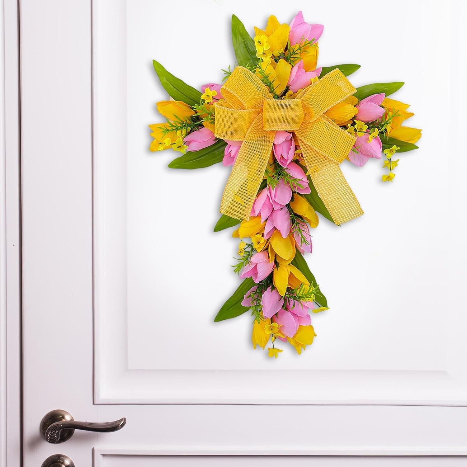 Easter Cross Wreath Artificial Flower Garland Spring Door Wreath Pink Yellow Tulip