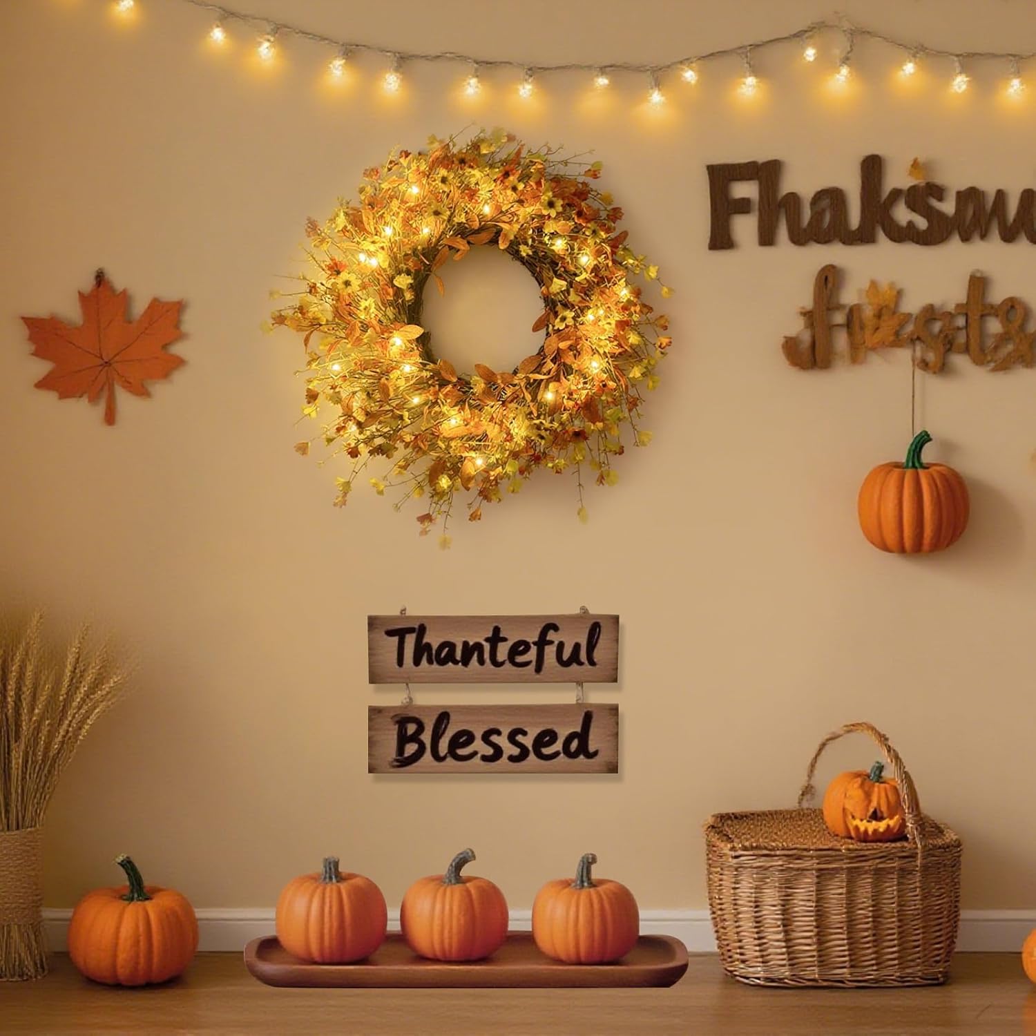 Fall Wreath for Front Door with LED Light Timer