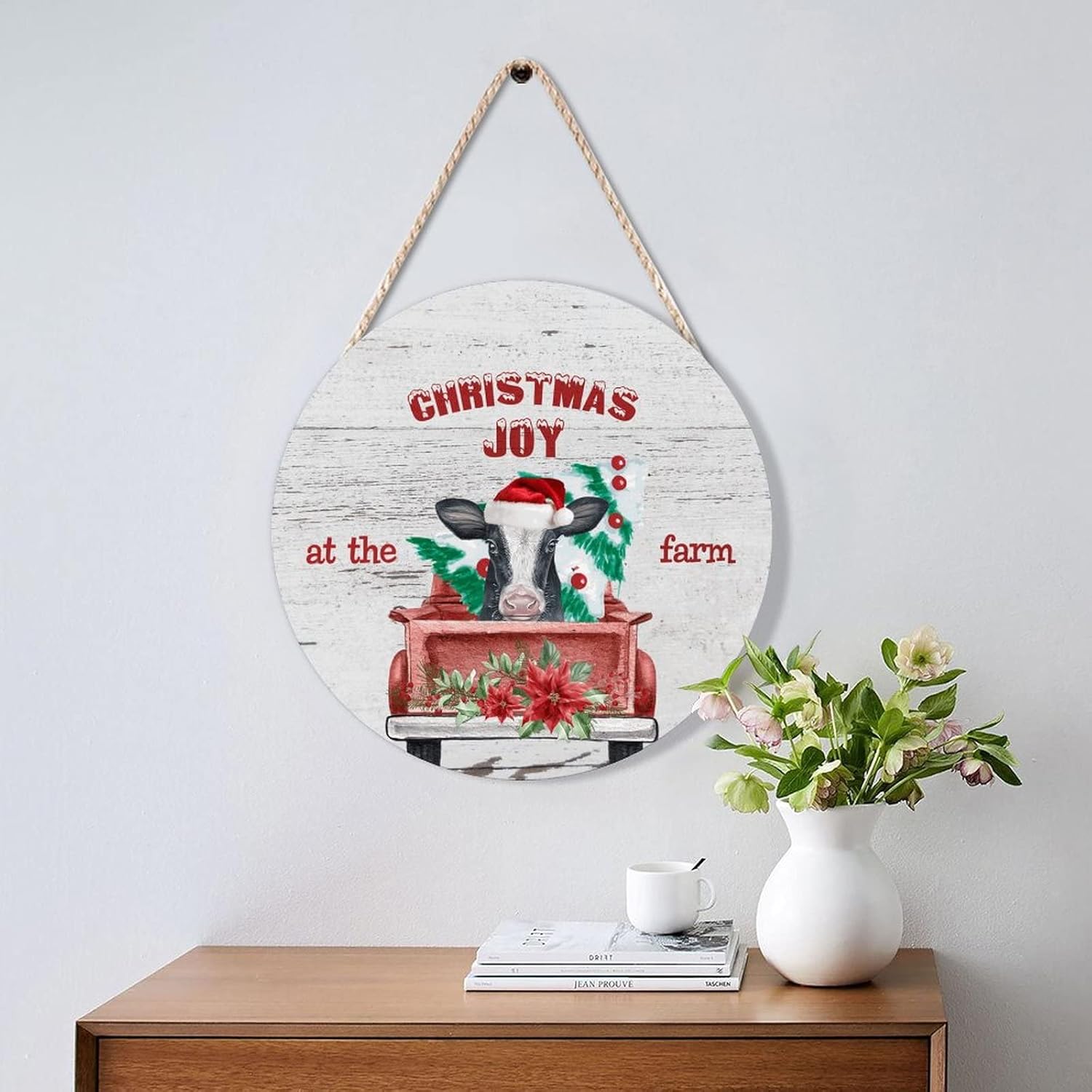 Farmhouse Front Door Hanger with Santa Cow Christmas Wood Sign