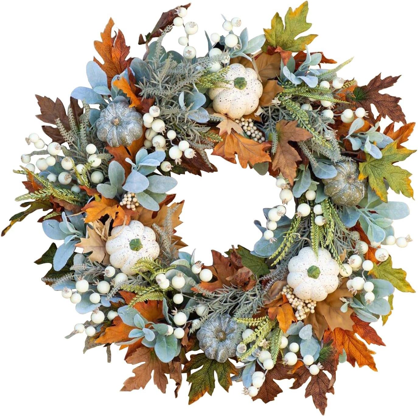 Large Grapevine Wreath 36 Inches Simulated White Pumpkin Decor Set