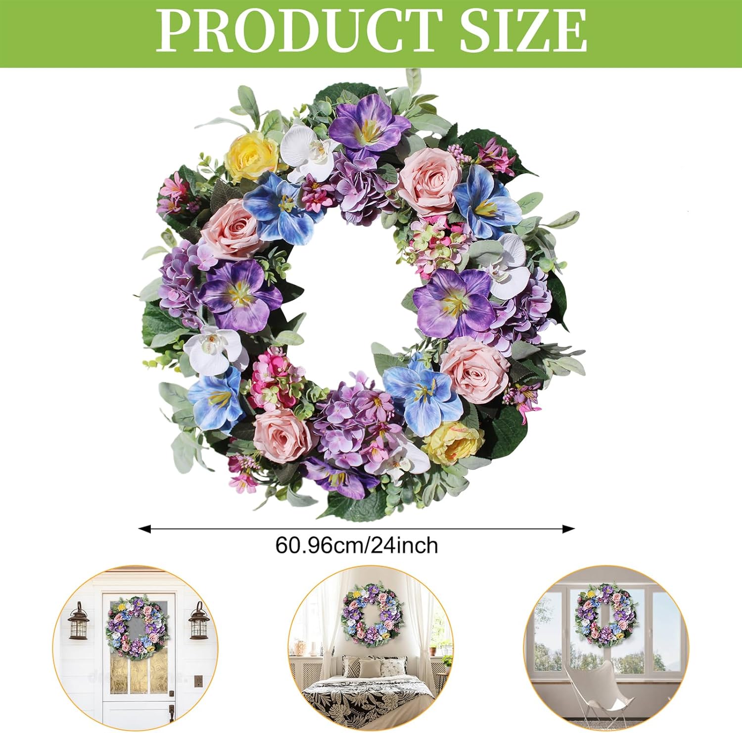 24 Inch Spring Summer Door Wreath with Purple Hydrangea and Pink Roses