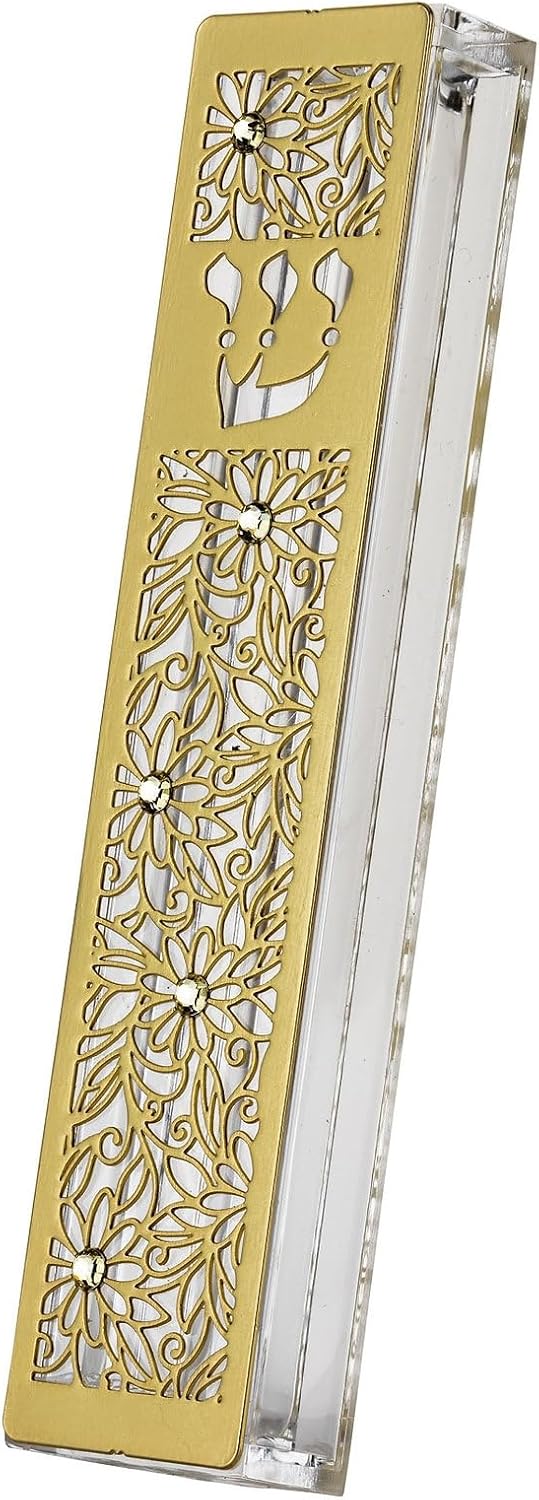 Gold Plated Acrylic Mezuzah Case with Flowers and Crystals
