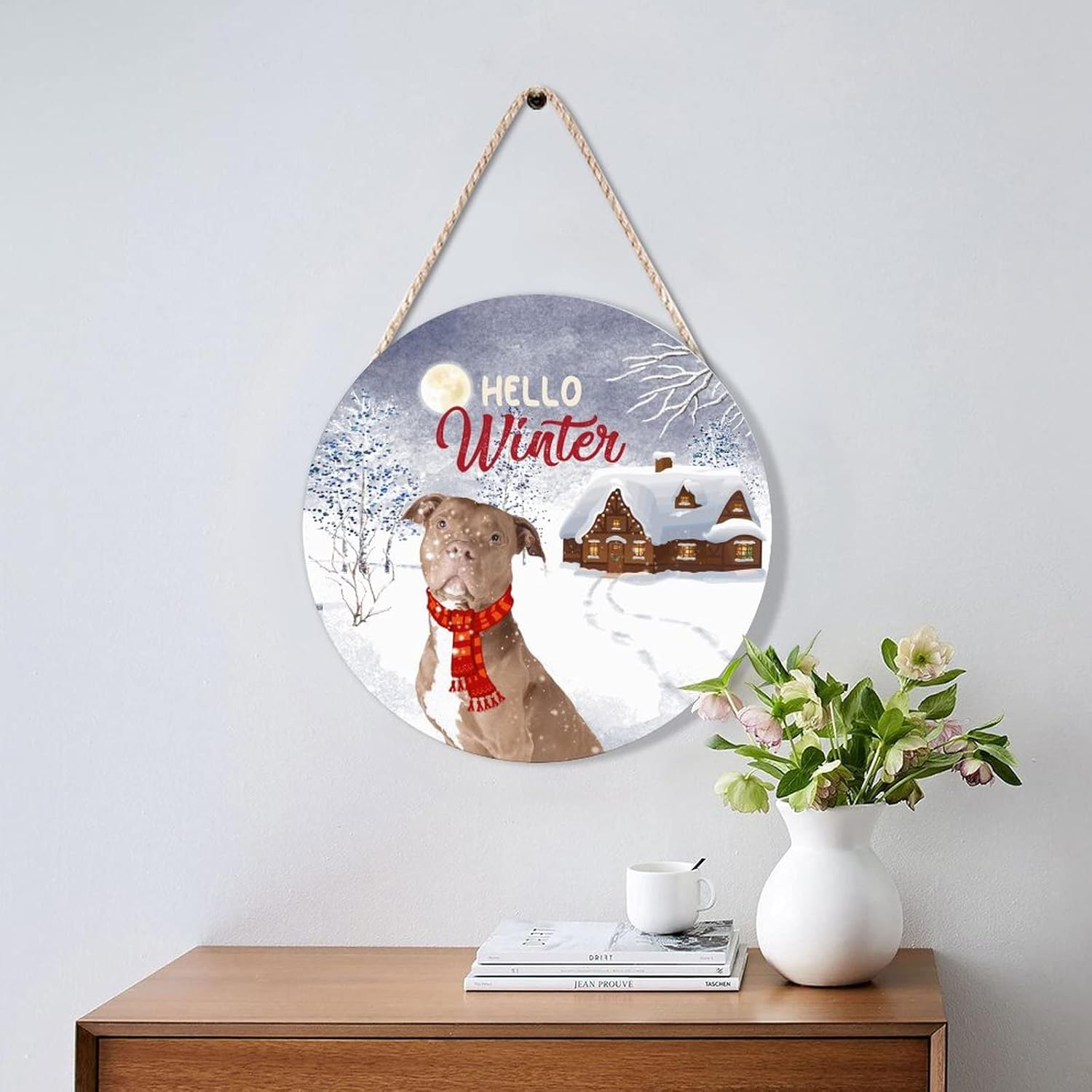 Farmhouse Front Door Hanger Hello Winter Christmas Dog Wearing Scarf Wood Sign