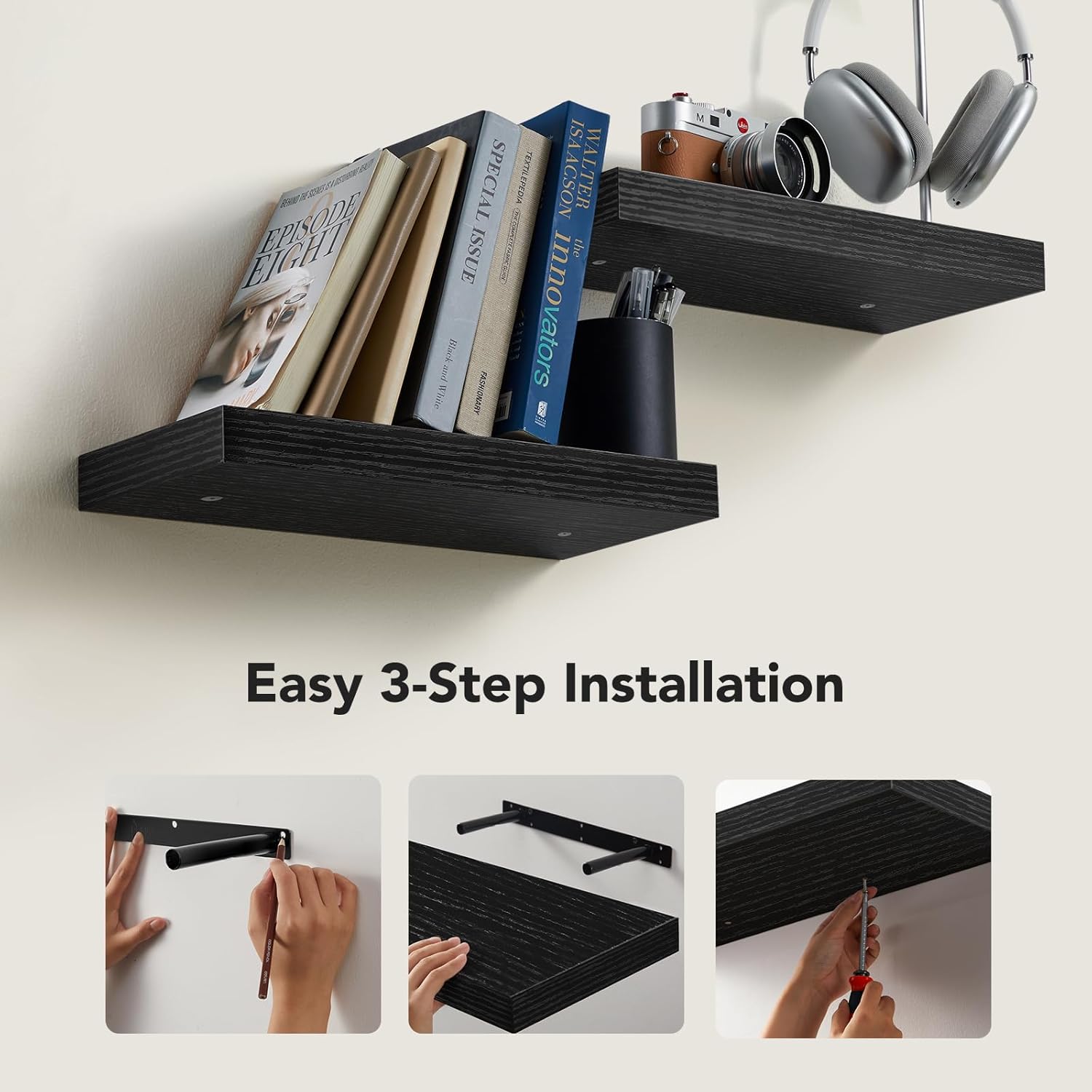 Amada Floating Shelves Wall Mounted Set of 2 Black 15x7 Inch