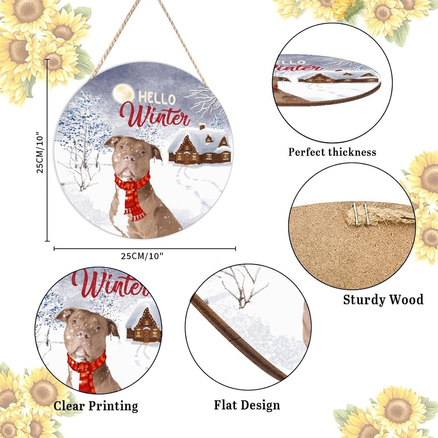 Farmhouse Front Door Hanger Hello Winter Christmas Dog Wearing Scarf Wood Sign