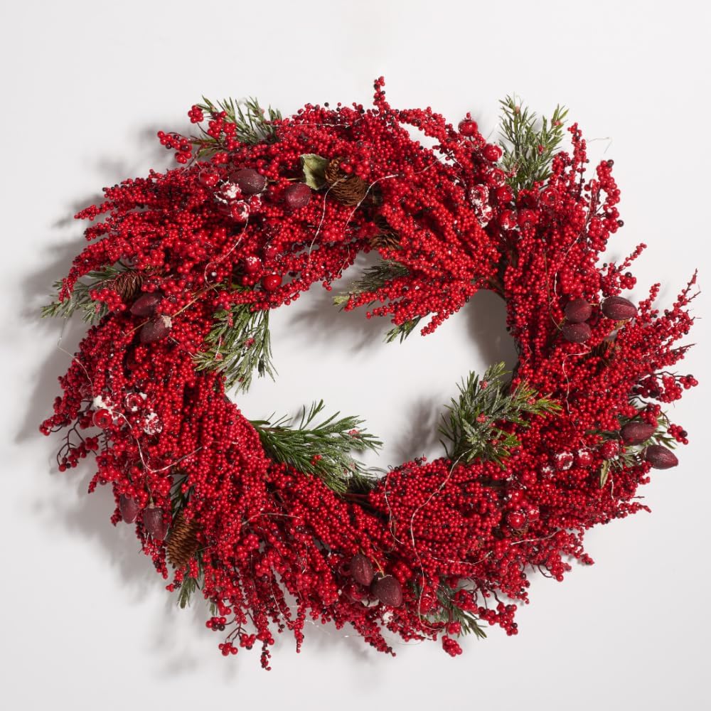 SAFAVIEH 30-Inch LED Light Wreath with Pine and Red Berries